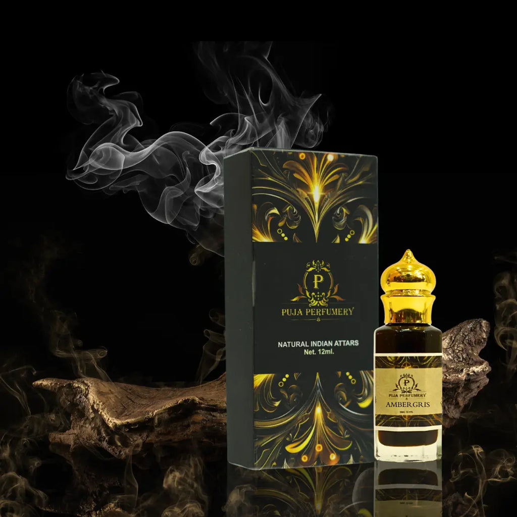 Pulia Perfumery Ambergris perfume bottle and packaging with smoke effect on a dark background