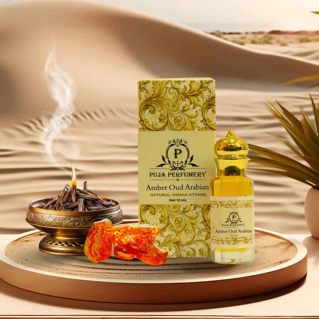 Puja Perfumery Amber Oud Arabian perfume bottle and packaging on a desert-themed background