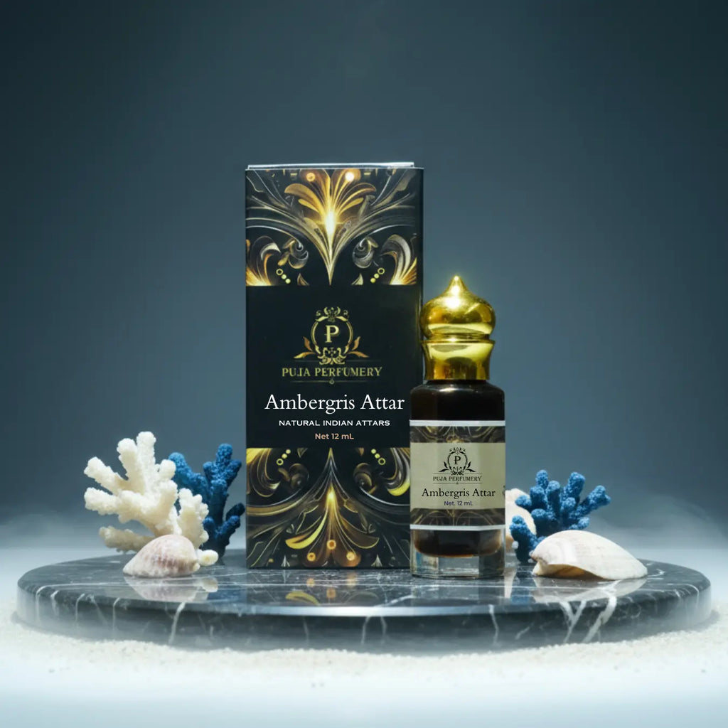 Pulsa Perfumery Ambergris Attar bottle and packaging on a dark surface with decorative elements.