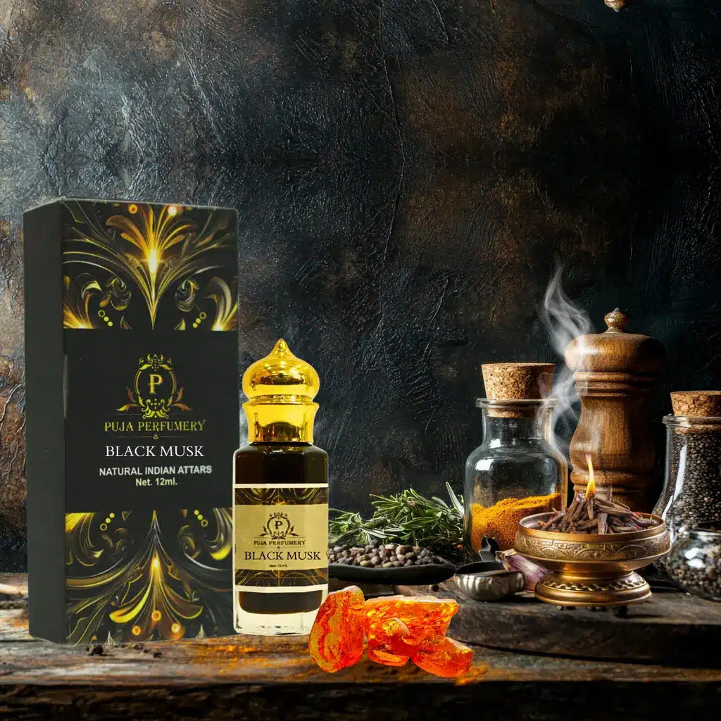 Puja Perfumery Black Musk attar with packaging on a dark background