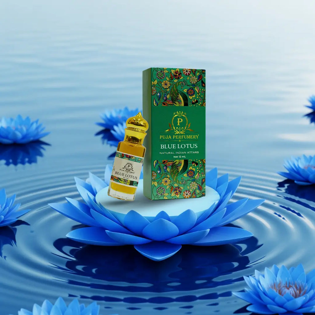 Blue Lotus perfume bottle and packaging on a water lily with a blue water background