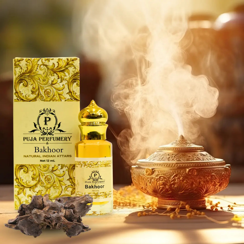 Puja Perfumery Bakhoor product with packaging, incense, and smoke in the background