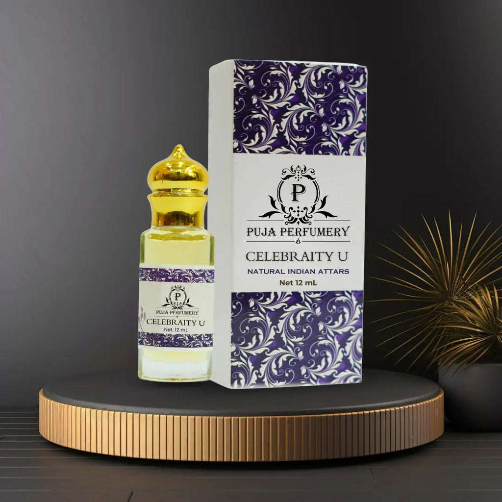 Puja Perfumery Celebrity U perfume bottle and packaging on a dark background