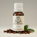 Bottle of Puja Perfumery Clove essential oil with cloves and leaves on a neutral background