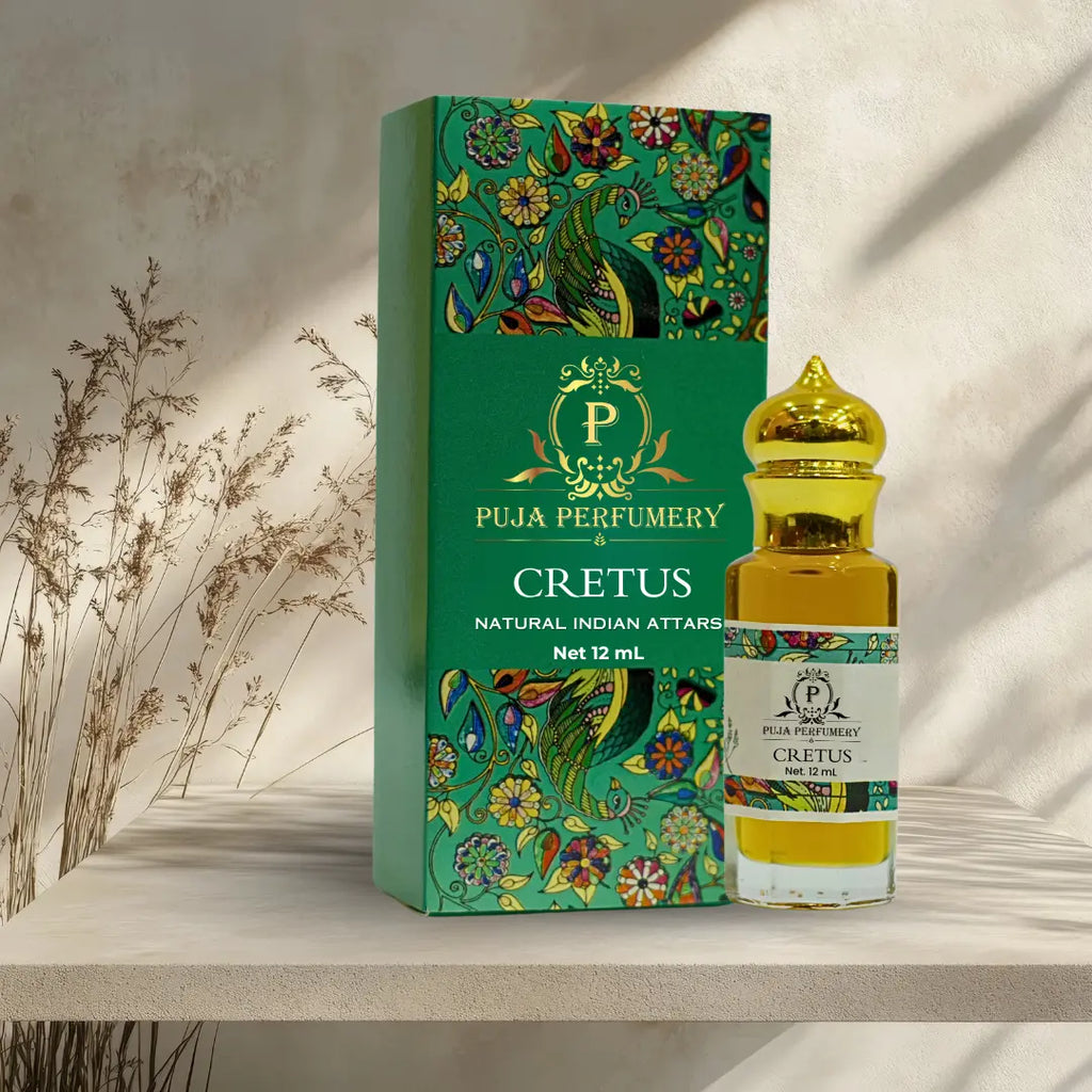 Puja Perfumery Cretus perfume bottle and packaging on a neutral background