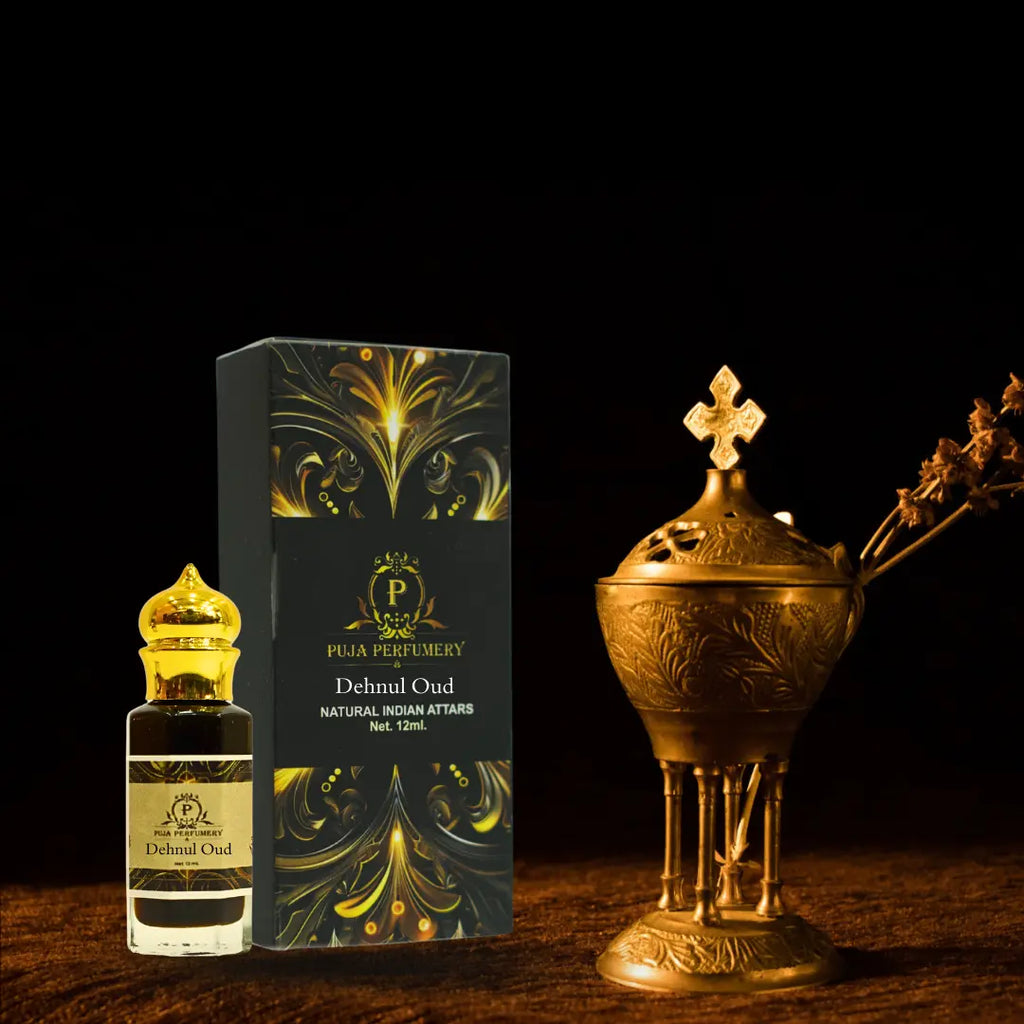 Pura Perfumeráy Dehnul Oud perfume bottle and packaging with a gold incense burner on a dark background