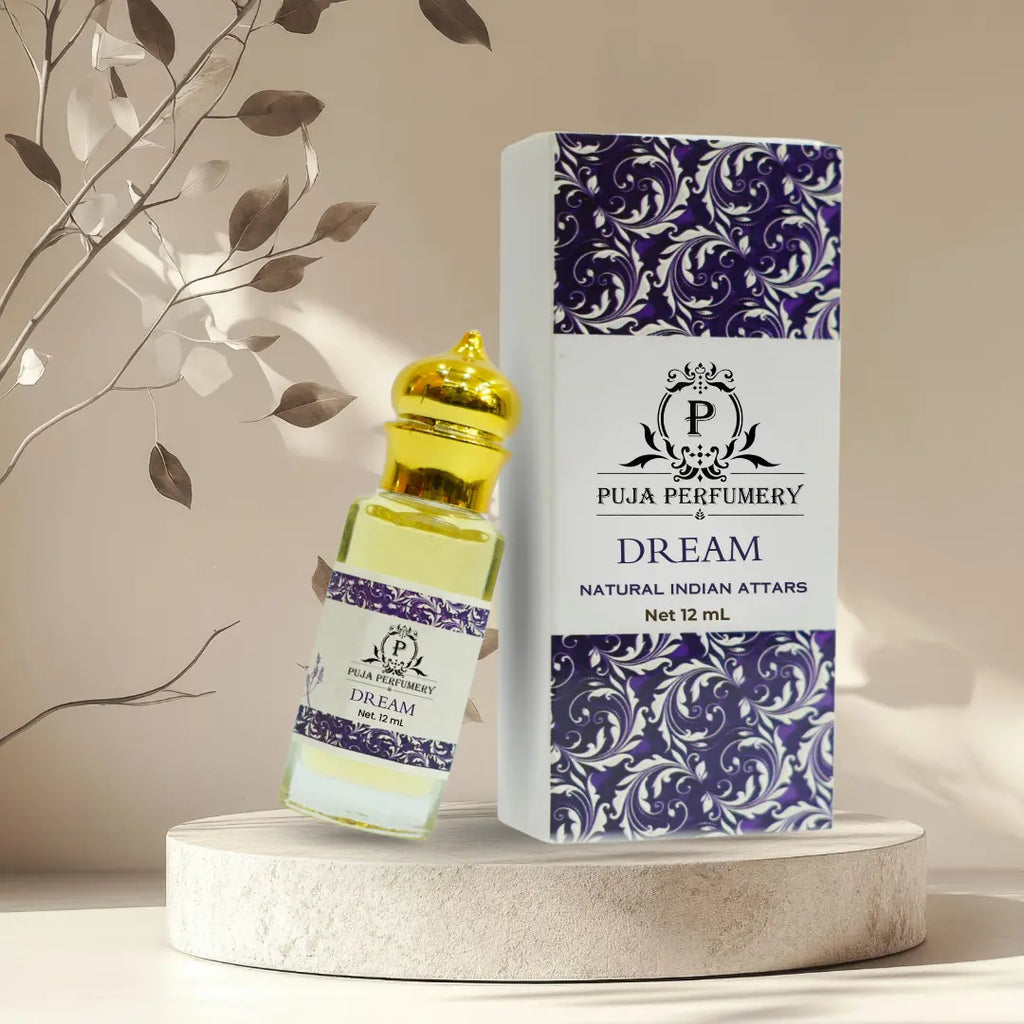 Perfume bottle and packaging of Puja Perfumery Dream on a neutral background