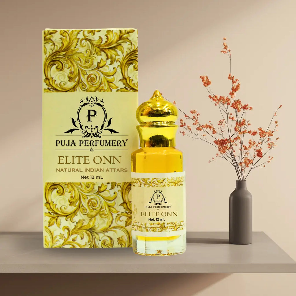 Puja Perfumery Elite ONN perfume bottle and packaging on a neutral background