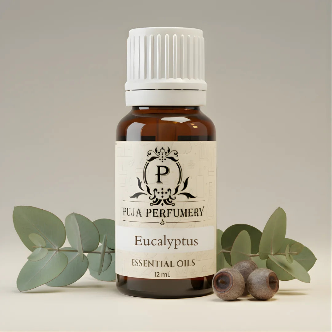 Eucalyptus essential oil bottle with leaves and seeds on a neutral background