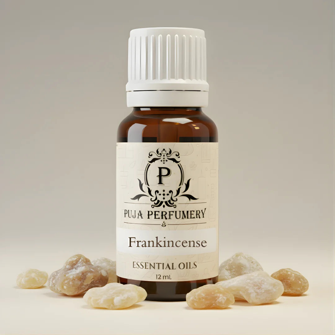 Bottle of Puja Perfumery Frankincense essential oil with frankincense resin on a neutral background