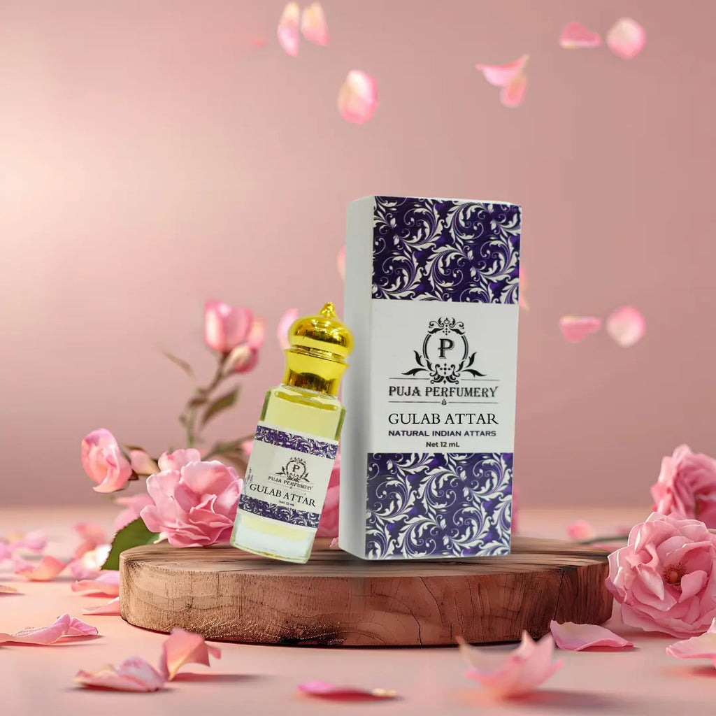 Perfume bottle and packaging with floral decorations on a pink background