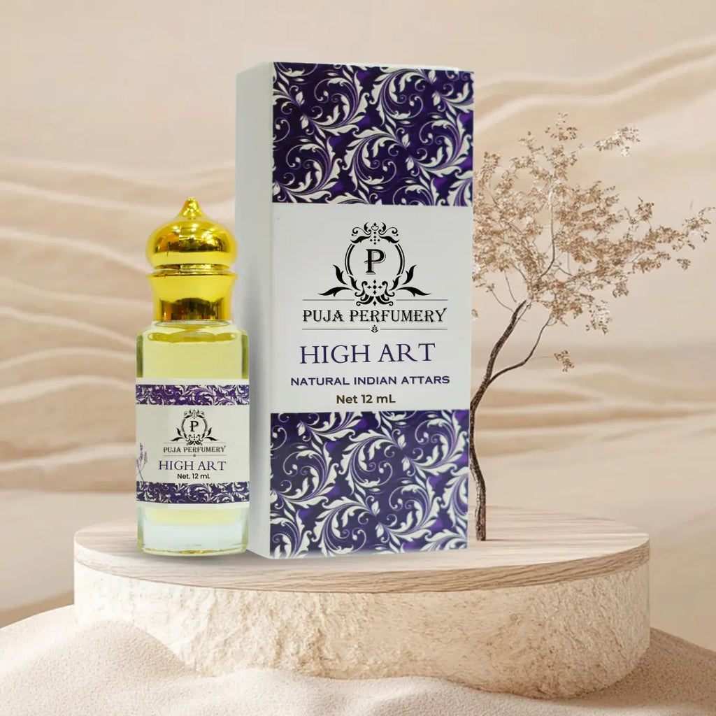 Puja Perfumery High Art natural Indian attars bottle and packaging on a beige background