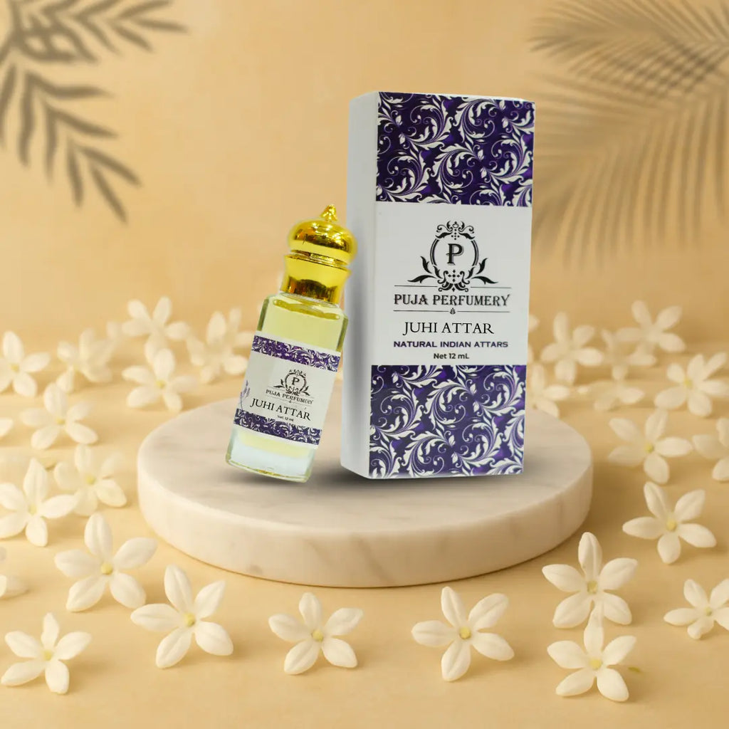 Perfume bottle and packaging with floral background