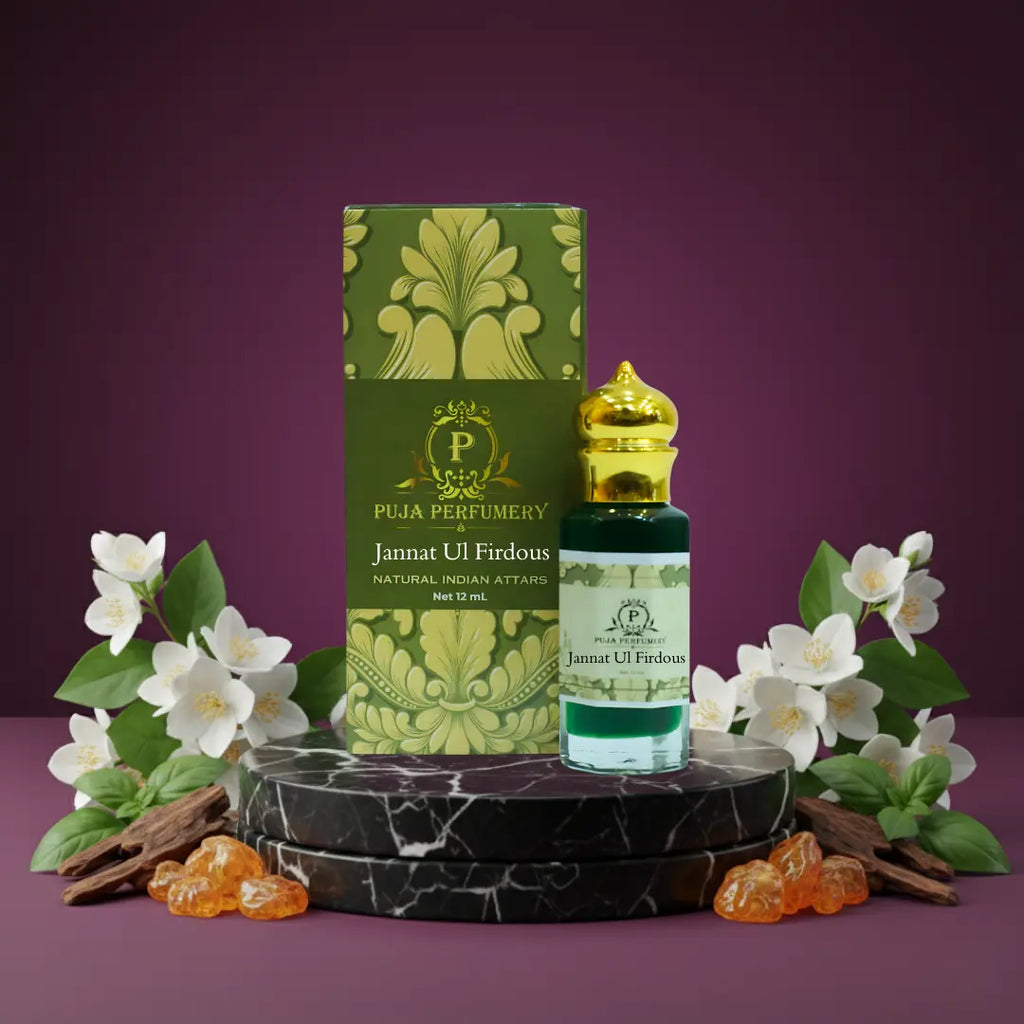 Puja Perfumery Jannat Ul Firous bottle and packaging with flowers and amber on a purple background