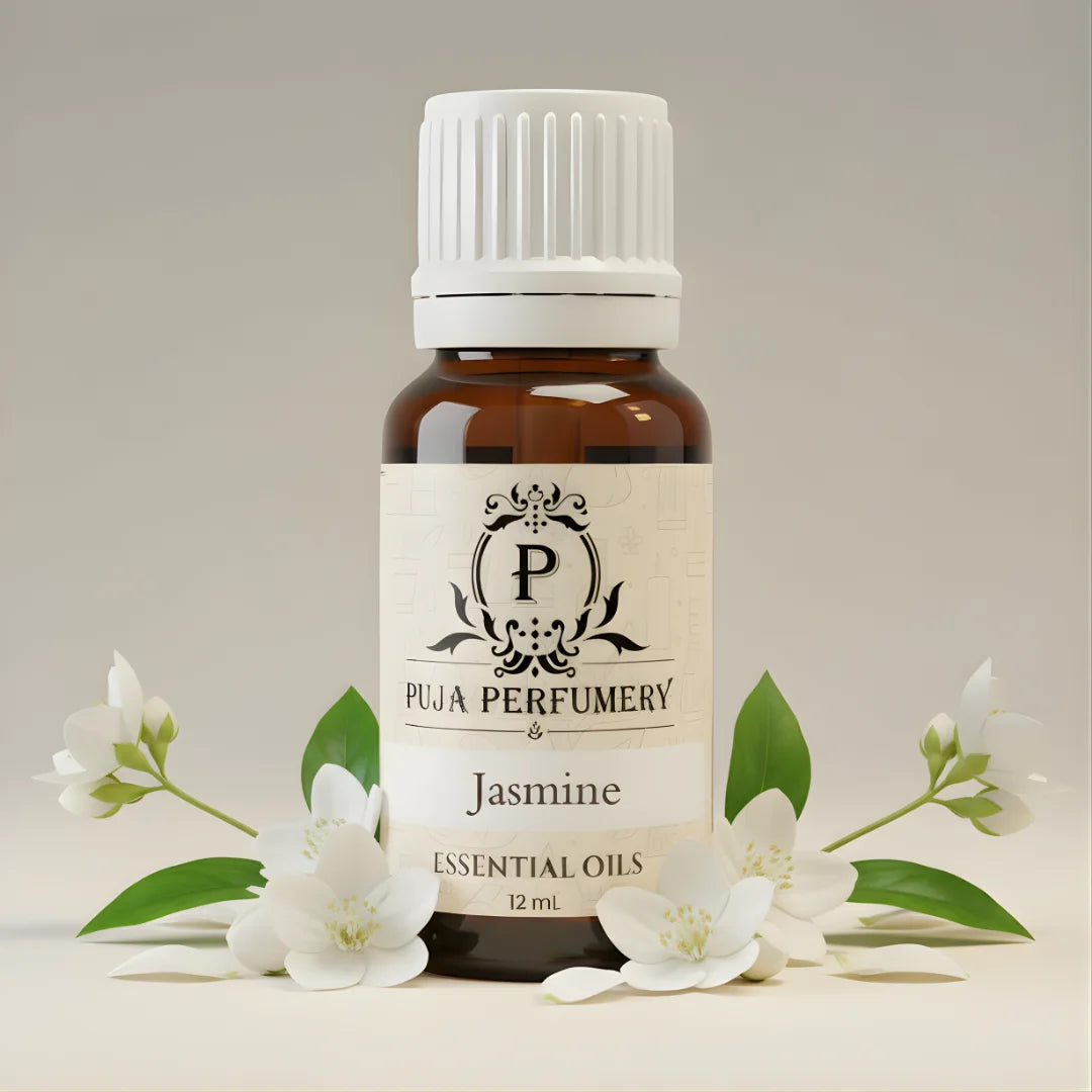 Essential oil bottle with jasmine flowers on a neutral background