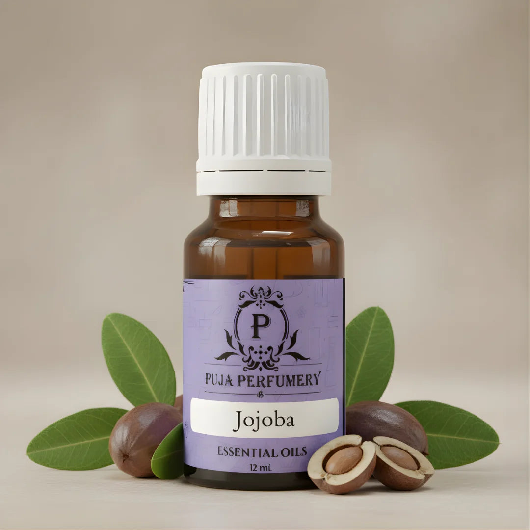 Jojoba essential oil bottle with leaves and nuts on a beige background