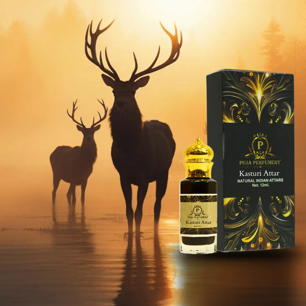 Puja Perfumery Kasturi Attar with packaging against a backdrop of silhouetted deer.