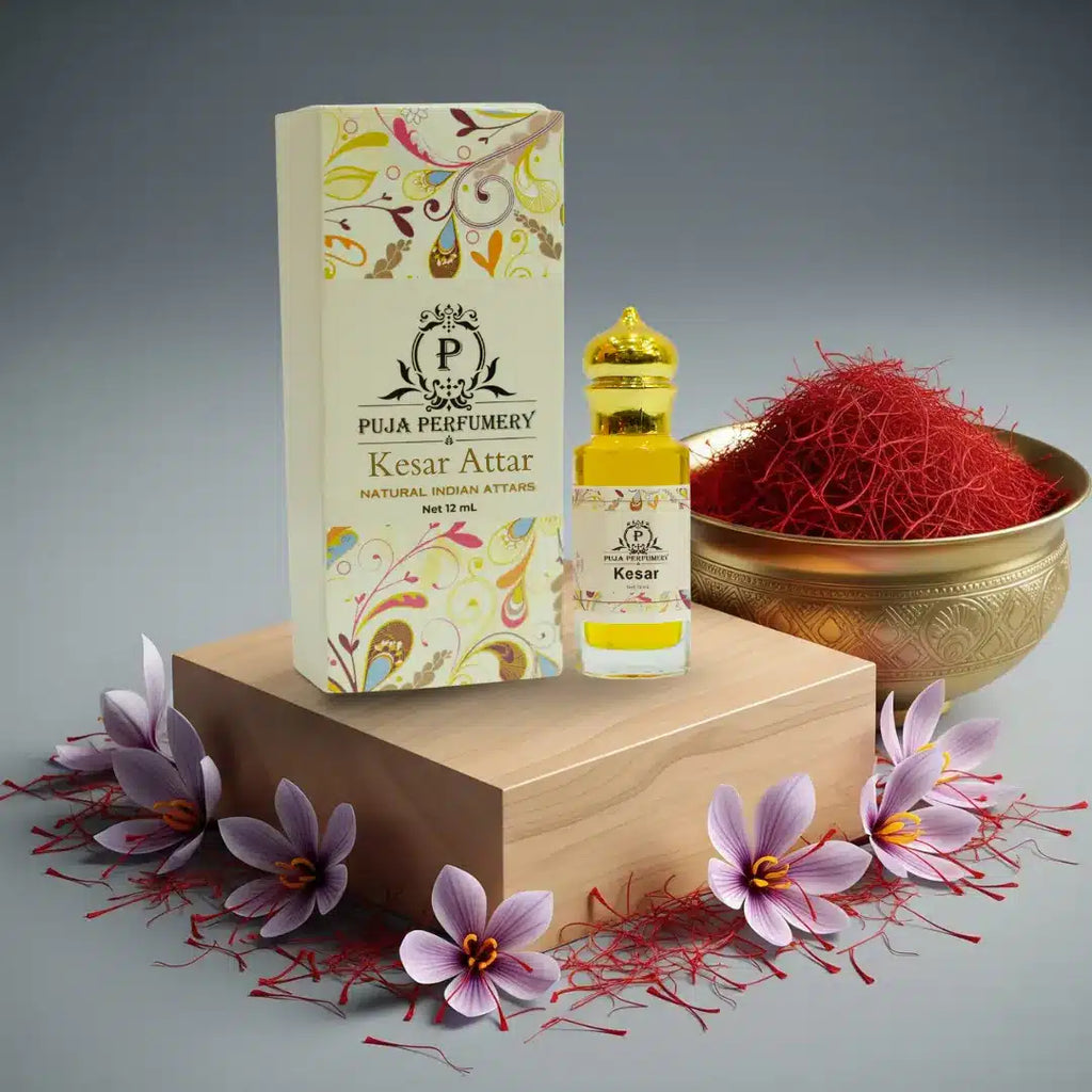 Puja Perfumery Kesar Attar with packaging and saffron on a gray background