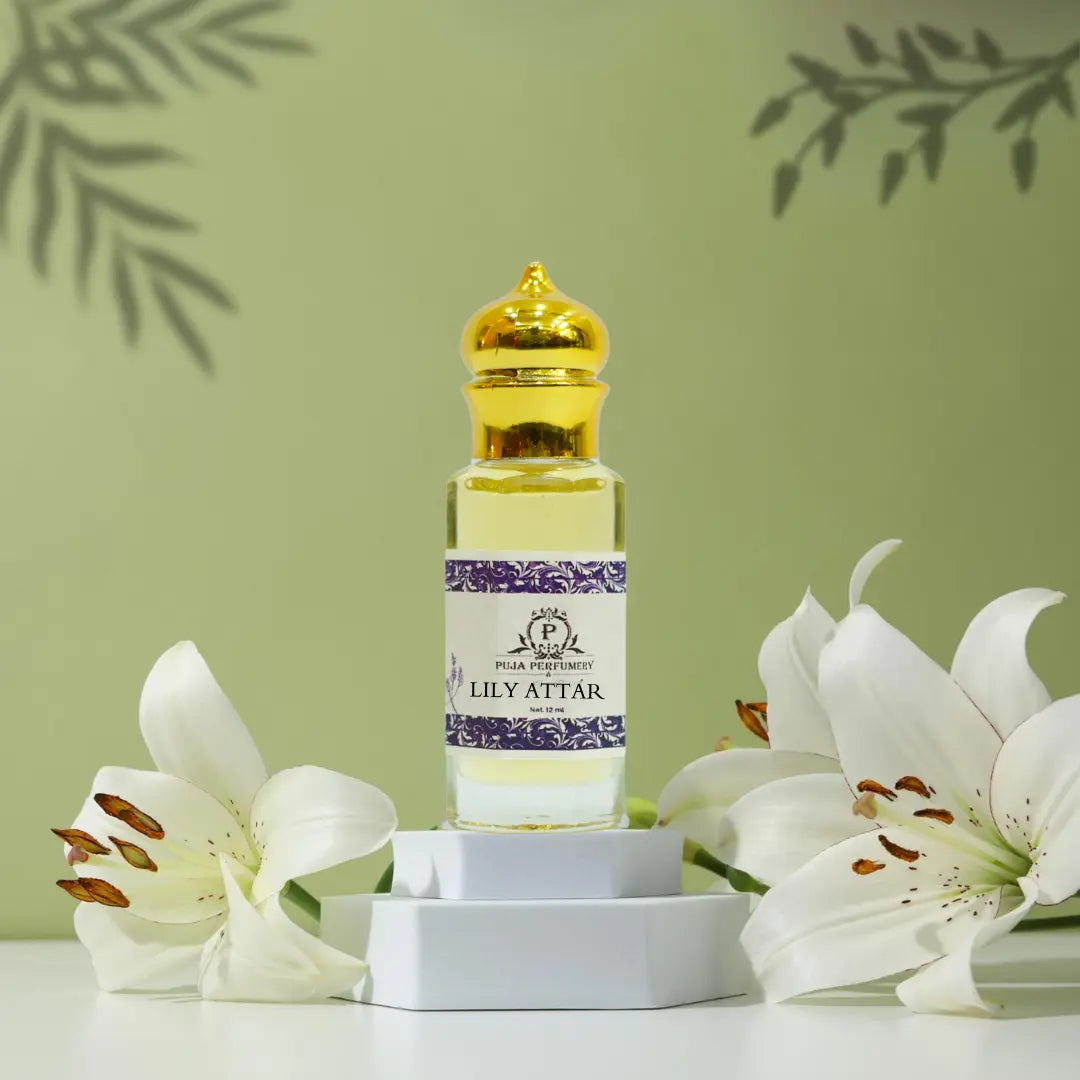 Lily Attar bottle with white lilies on a light green background
