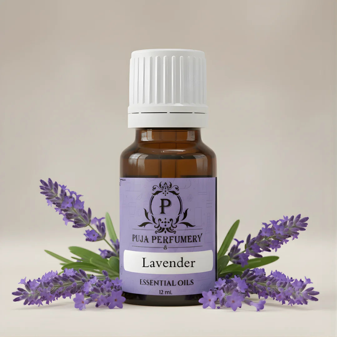 Lavender essential oil bottle with lavender flowers on a beige background