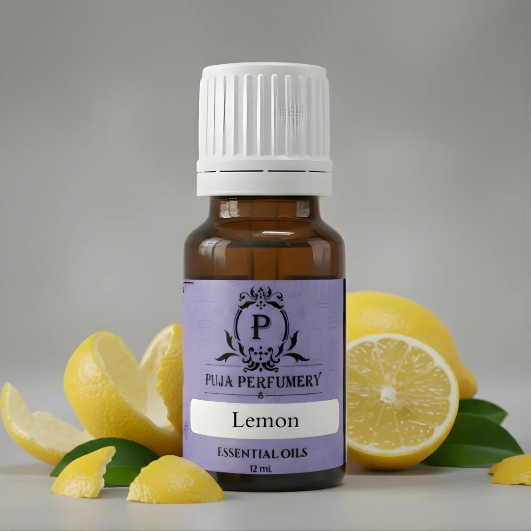 Bottle of Puja Perfumery Lemon essential oil with lemons on a gray background