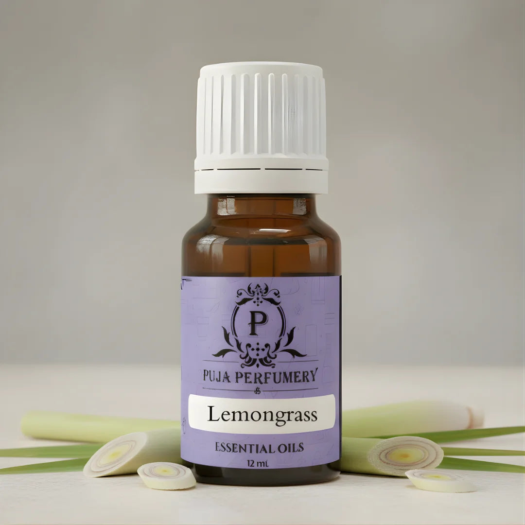 Bottle of Puja Perfumery Lemongrass essential oil with a white background