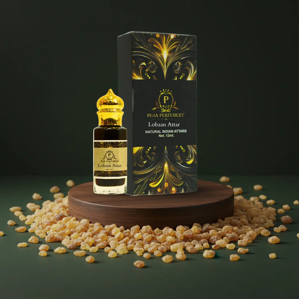 Pura Perfumerie Lebane Attar bottle and packaging on a dark background with frankincense resin.