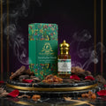 Puja Perfumes Mukhallat Musk bottle and packaging on a dark surface with smoke effects