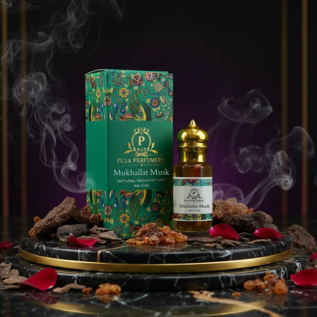 Puja Perfumes Mukhallat Musk bottle and packaging on a dark surface with smoke effects
