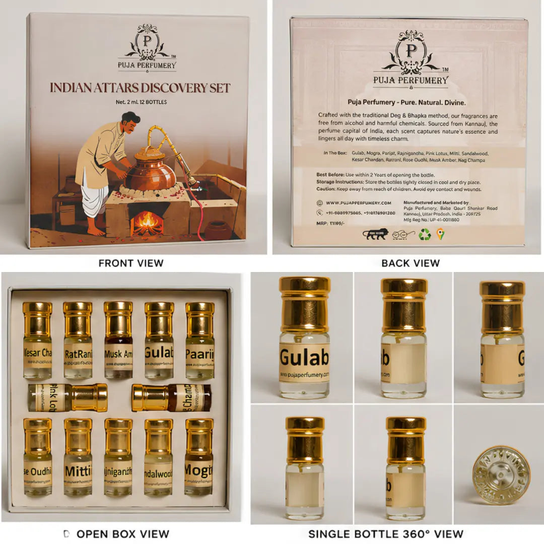 Indian Attars Discovery Set | Premium Kannauj Attar Gift Box | Natural Perfume Oil Collection