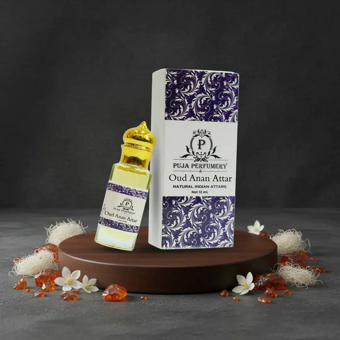 Puja Perfumery Oud Anan Attar bottle and packaging on a dark background