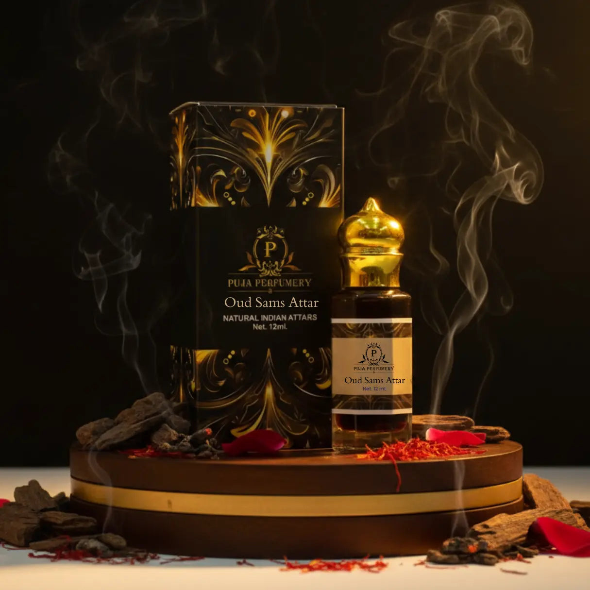 Pura Perfumery Oud Sam Attar with packaging on a dark background