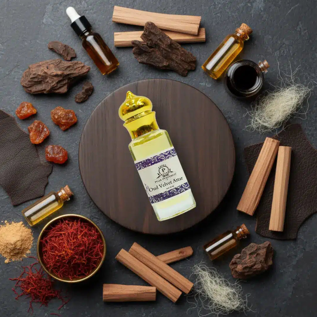 Oudh Velvet Attar bottle surrounded by spices and wood on a dark surface
