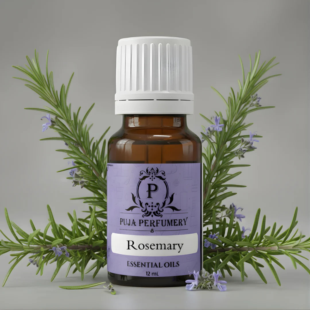 Bottle of Puja Perfumery Rosemary essential oil with rosemary sprigs on a gray background