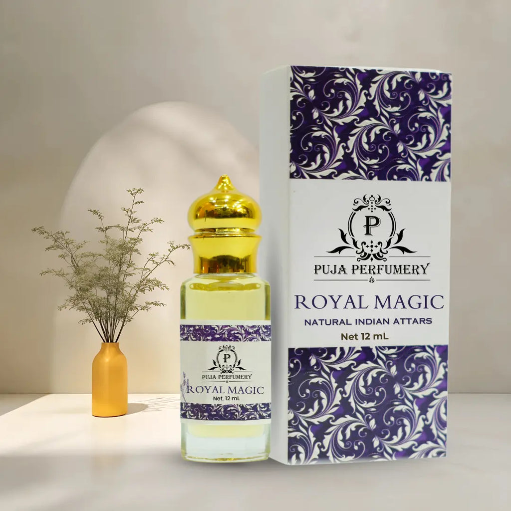 Puja Perfumery Royal Magic attar bottle and packaging on a neutral background