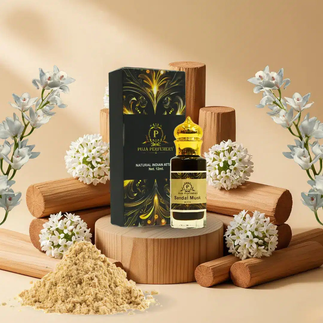 Perfume bottle with packaging and sandalwood on a wooden stand with flowers around