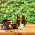 Spicy Vanilla Attar Combo with ingredients on a wooden table against a green blurred background