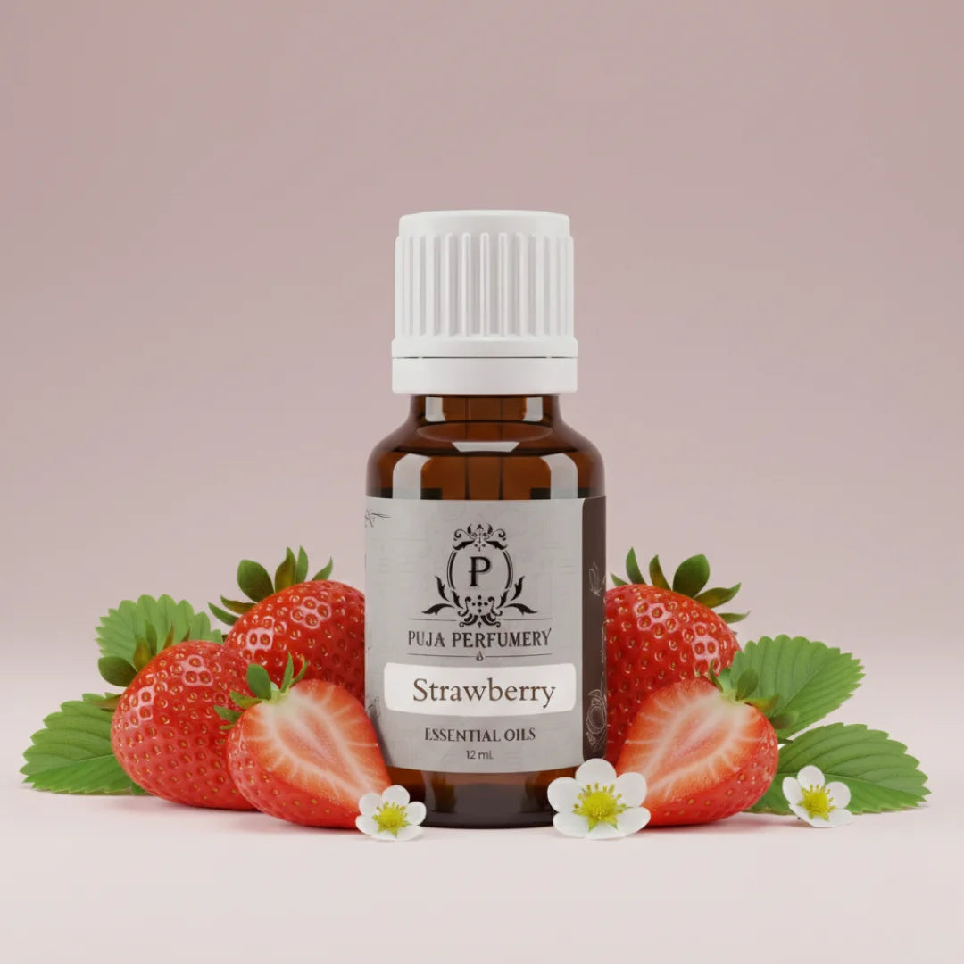 Bottle of strawberry essential oil with strawberries and flowers on a light pink background