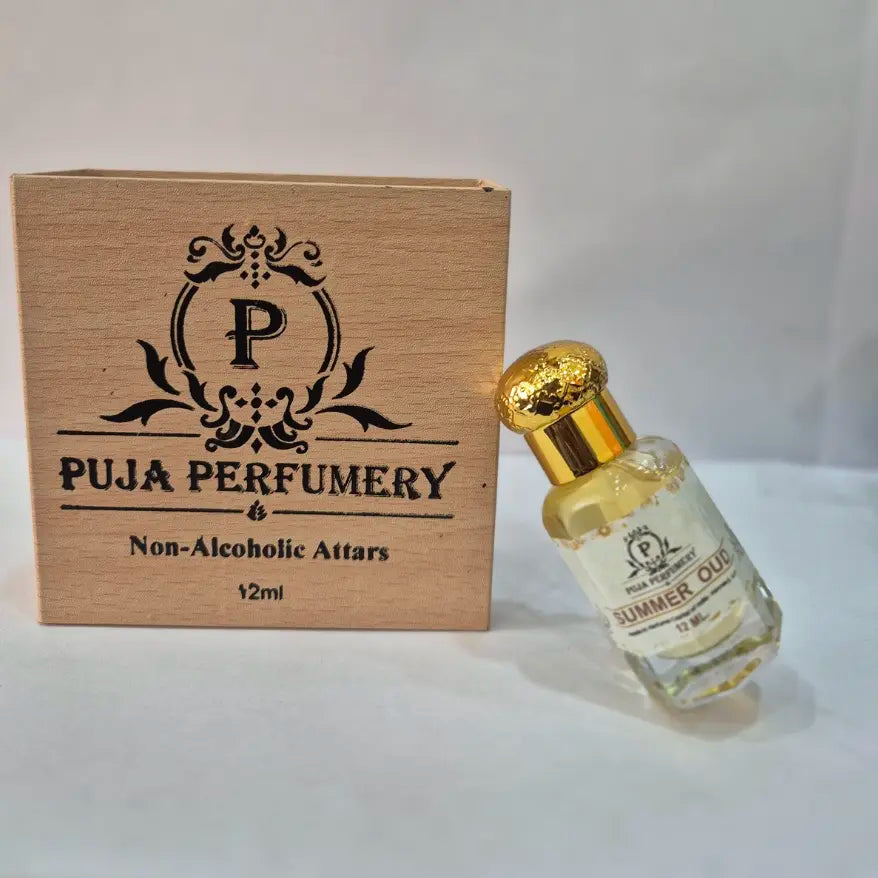 Puja Perfumery bottle and box on a white background
