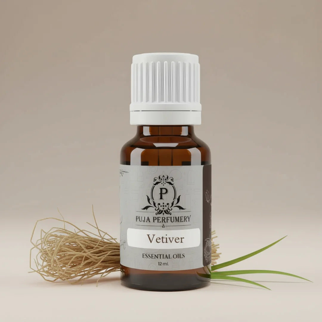 Bottle of Vetiver essential oil with a white cap on a beige background