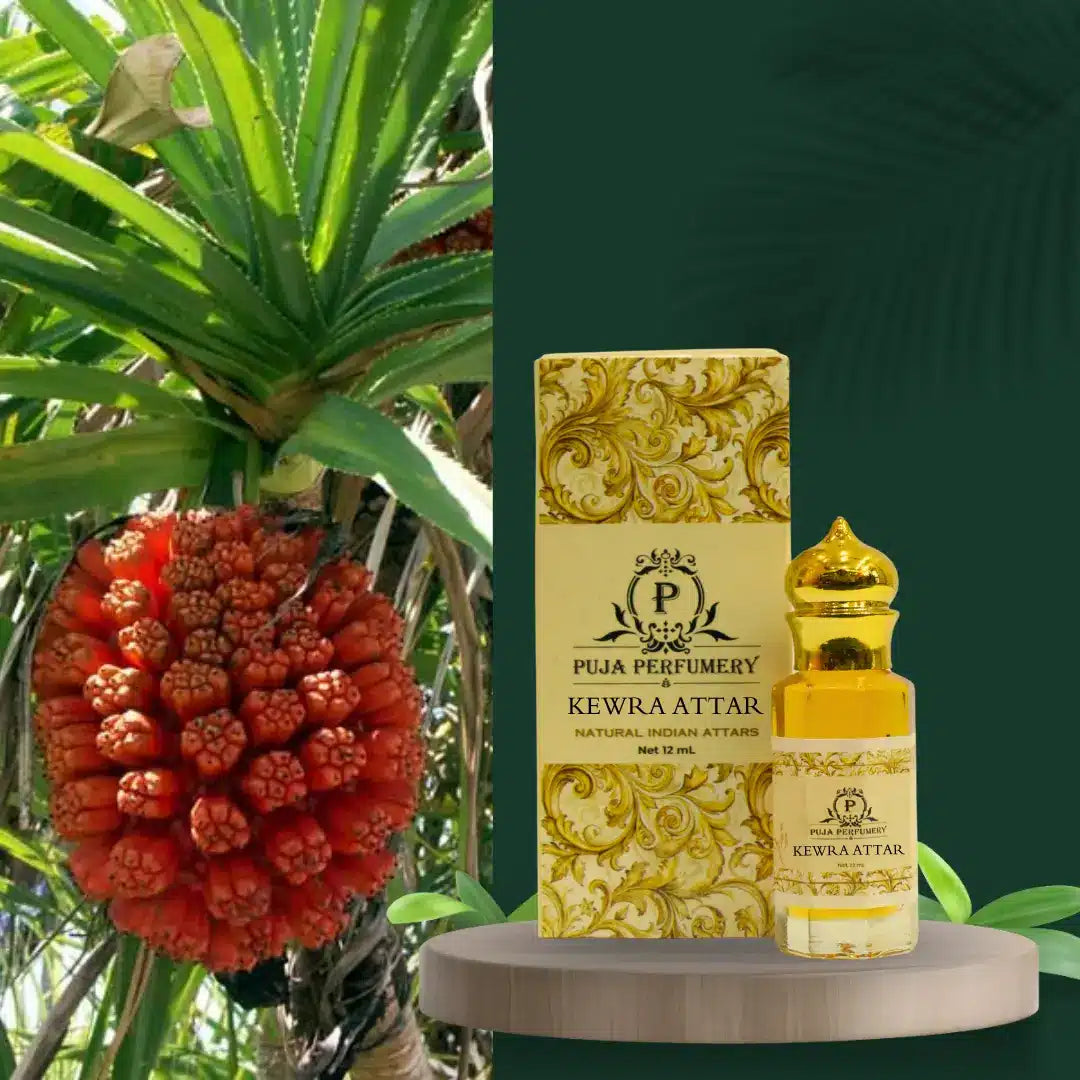 Puja Perfumery Kewra Attar with packaging on a green background